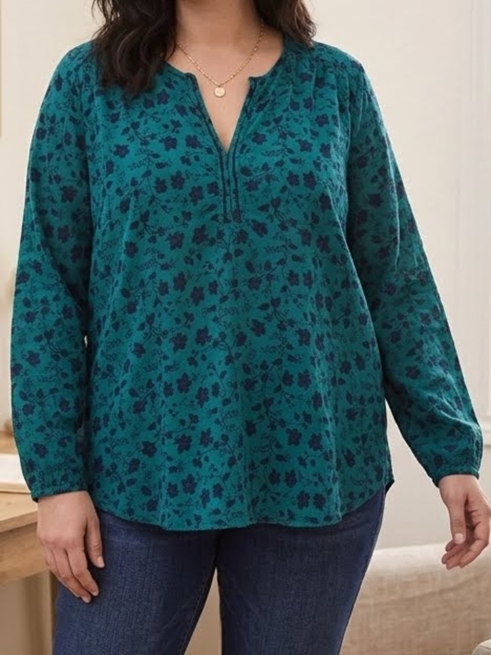 GAP Teal Green Navy Blue Floral Split Neck Blouse Top Size L cotton casual